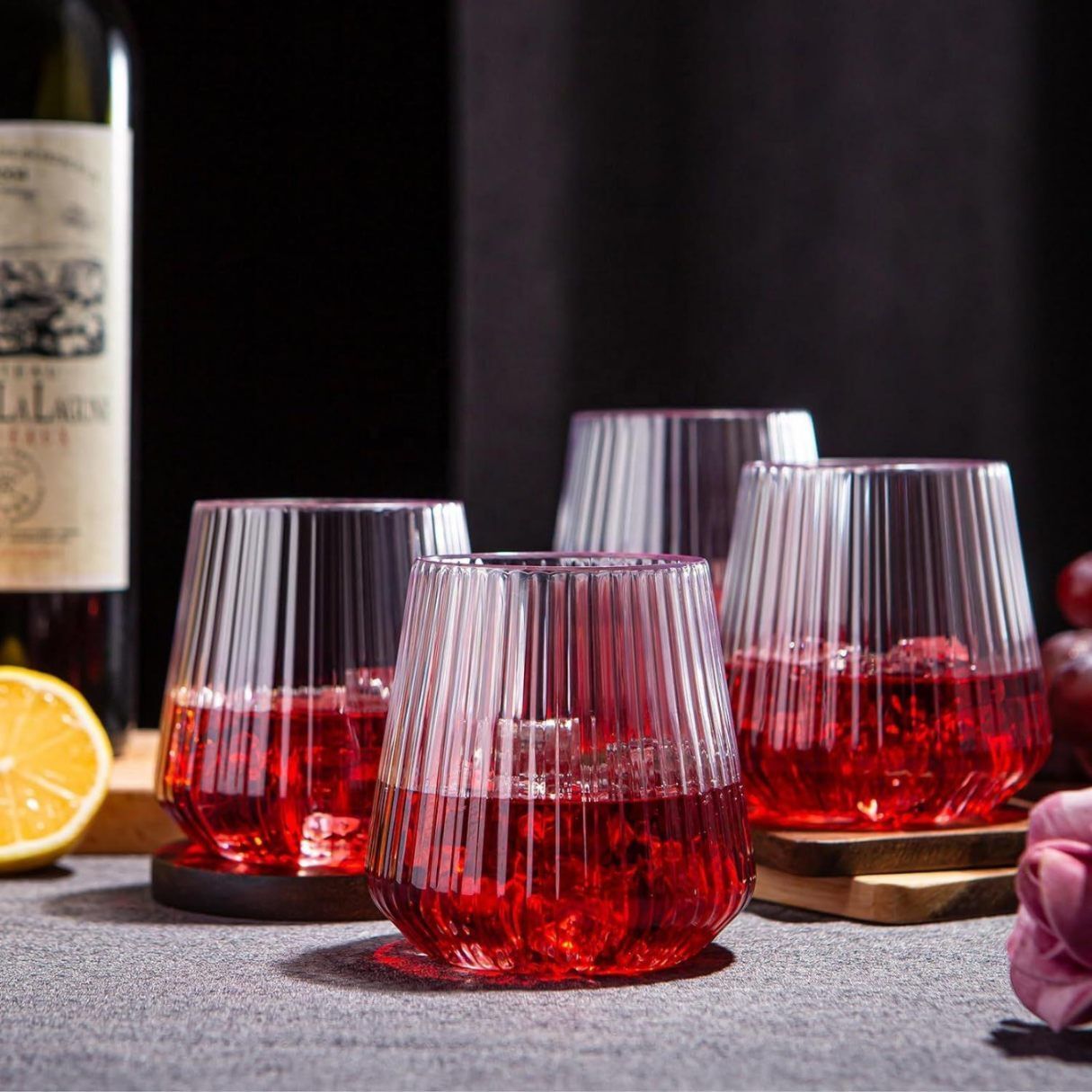 (Pack of 4) Premium Stemless Wine Glasses with Textured Design Glass Wine Glass-image-43