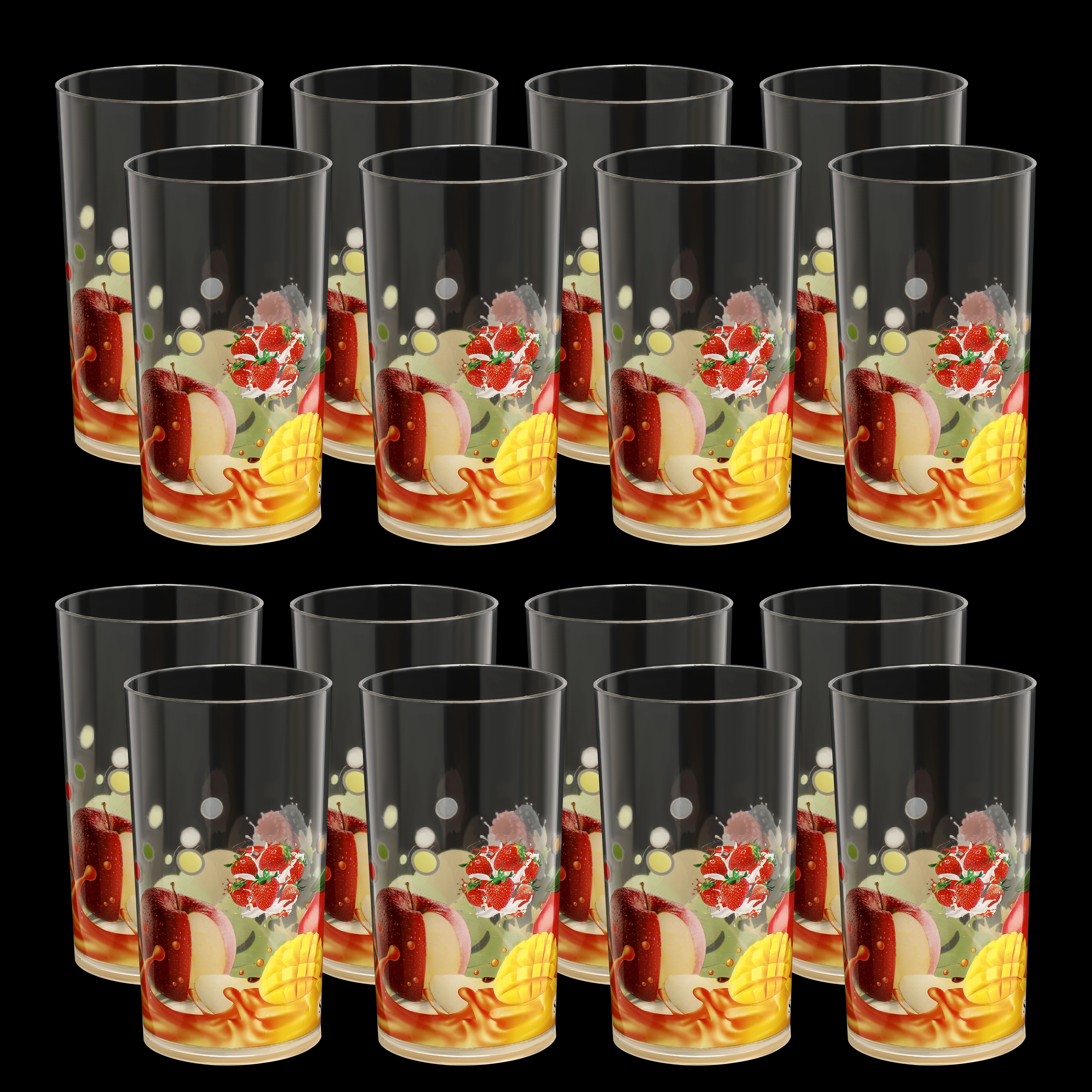 (Pack of 16) Premium quality classic Fruit Printed design Unbreakable Stylish Transparent Glass Set Water/Juice Glass