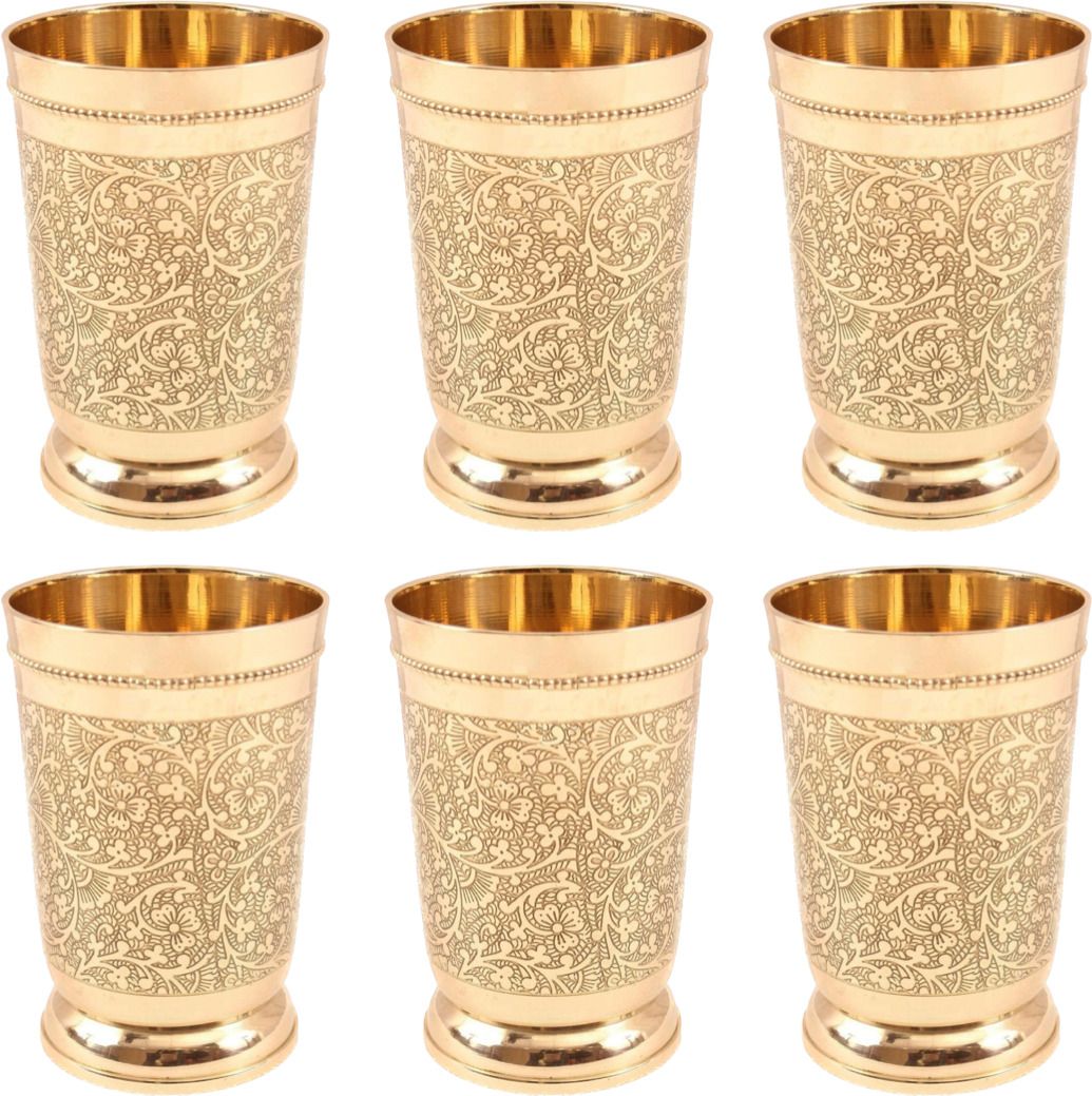 400ml Brass Glass with Antique Design and Glossy Finish Pack Of 6 Glass Water/Juice Glass