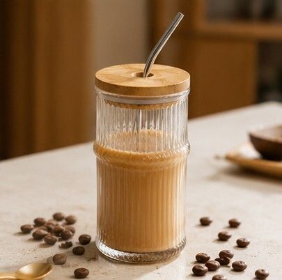 Premium Ribbed Glass Tumbler with Bamboo Lid & Stainless Steel Straw-image-15