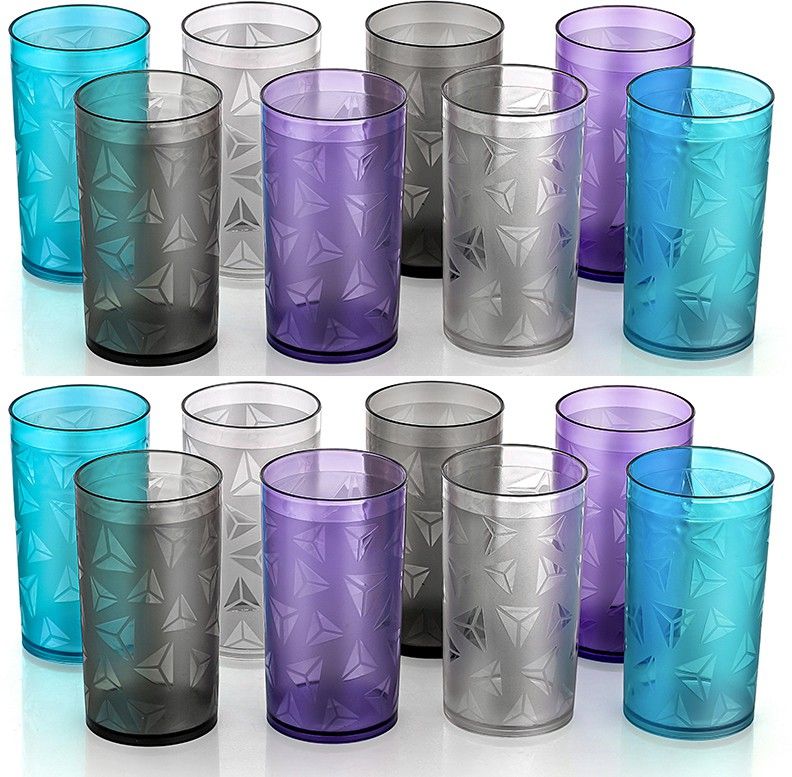 (Pack of 16) Prism Pattern Water Juice Plastic Glasses Set Of 16 Glass Set Water/Juice Glass