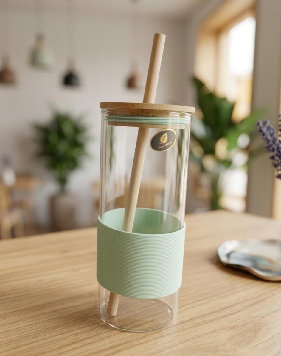 seetastic Strong Premium Glass Sipper & Wooden Straw Lid Glass Water/Juice Glass-picture-1