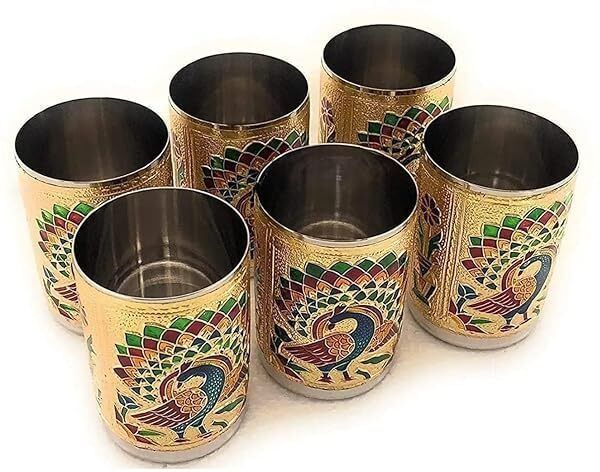 bukily (Pack of 6) Handmade Peacock Design Decorative Glass Set for Traditional Indian Style Glass Set Water/Juice Glass-picture-48