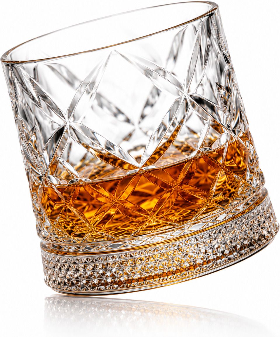 Diamond Shape Revolving Whiskey Glass with LED Rotating Base Button Glass Whisky Glass-image-2