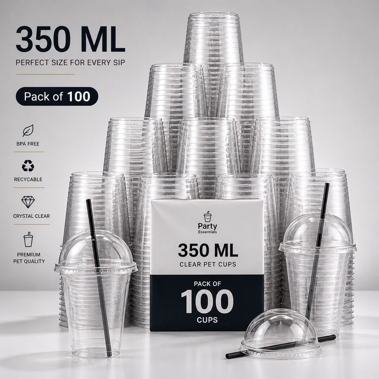 (Pack of 100) PET Glasses-350 ml with Dom Lid for Parties Function Glass Water/Juice Glass Glass Water/Juice Glass-image-8