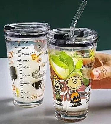 (Pack of 2) Cartoon Creative Milk Glass Cup Set of 2 Glass Coffee Mug (400 ml, Pack of 2) Glass Set Water/Juice Glass-image-21