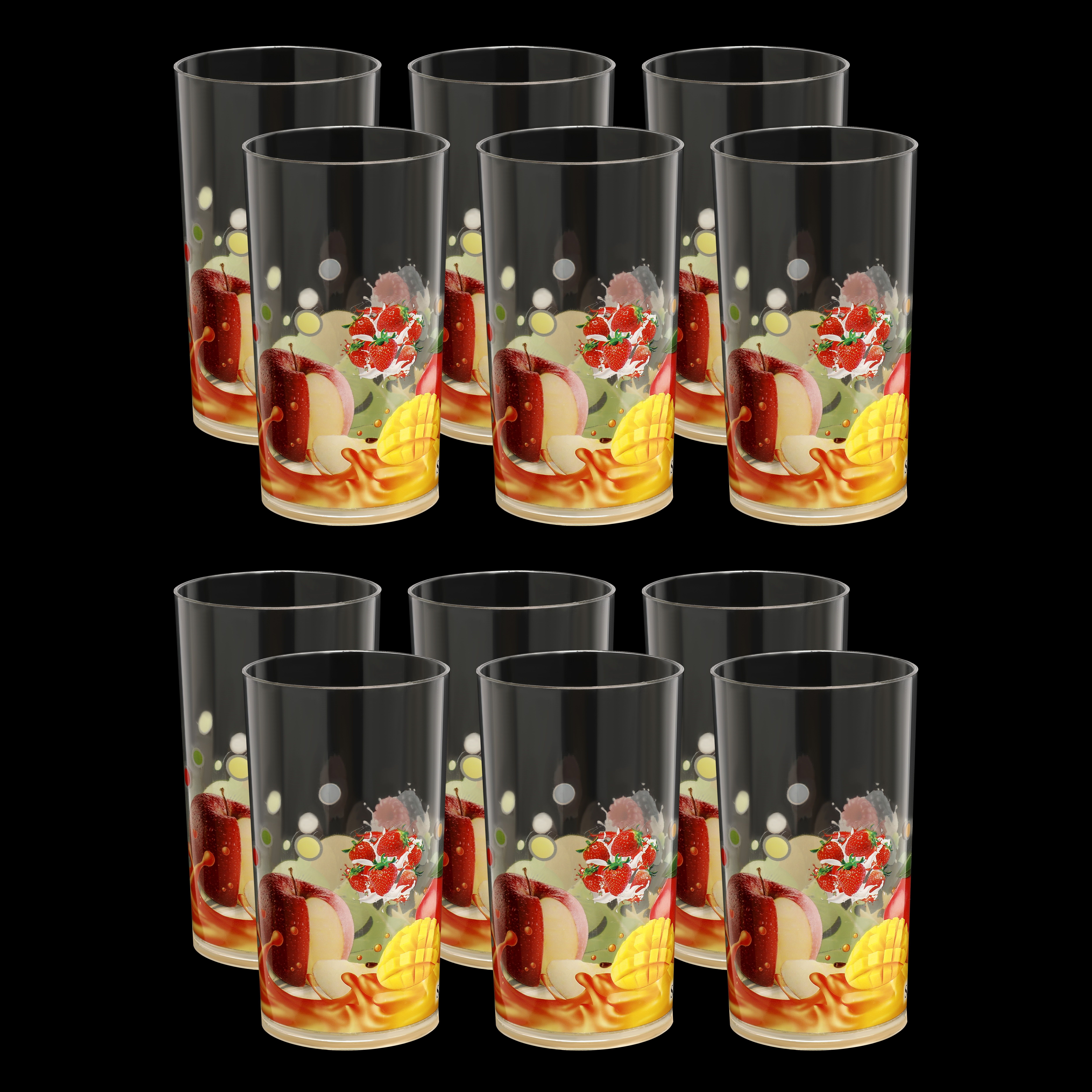 (Pack of 12) Premium quality classic Fruit Printinging design Unbreakable Stylish Transparent Glass Set Water/Juice Glass
