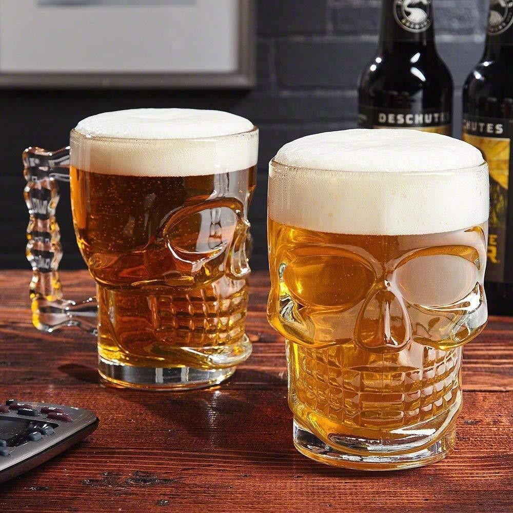 Skull Beer | Crystal Clear LARGE BEER MUG SKULL FACE 520 ML Glass Set of 2 Glass Beer Mug
