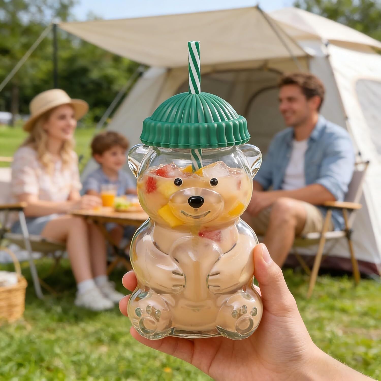 yupra Bear Cup with Straw, 20oz Cute Bear Tumbler for Hot & Cold Drinks, Green 500 ml Glass Bottle-picture-14