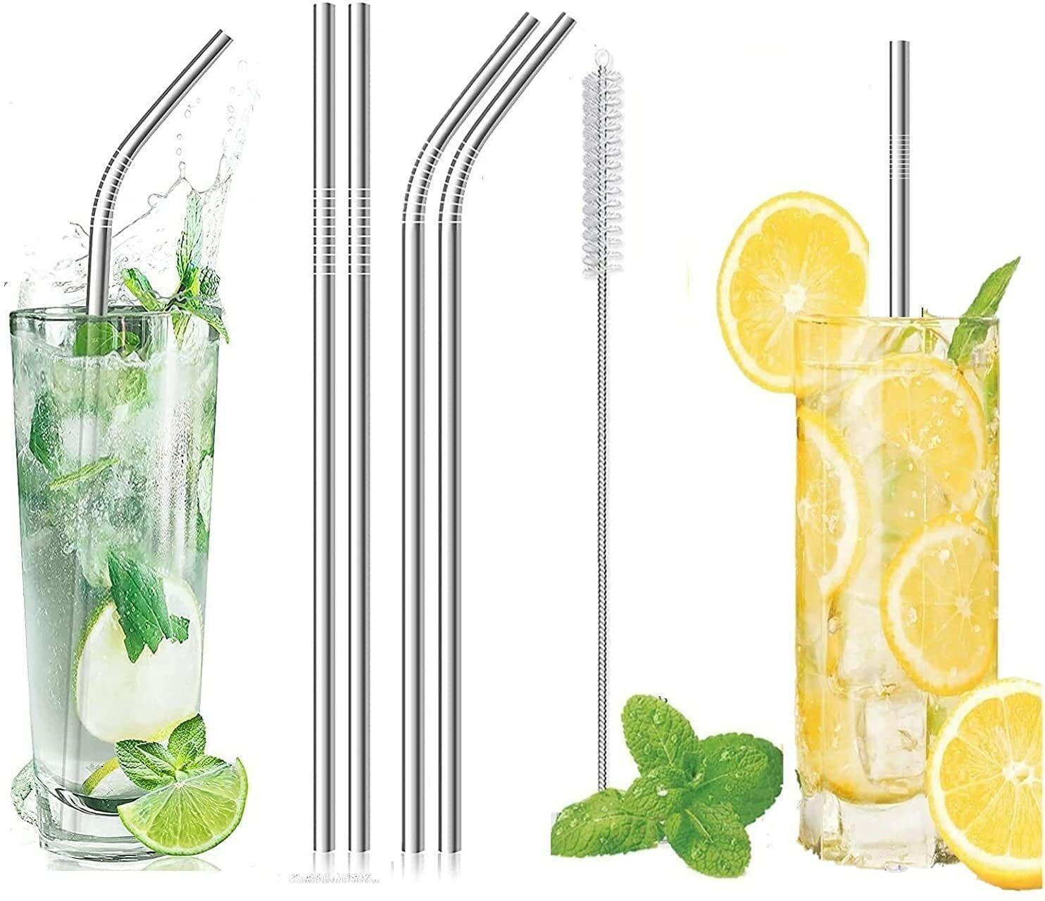 (Pack of 5) Drinking Stainless Steel Straw with Cleaning Brush-Metal Straws Drinking Juice Glass Set Water/Juice Glass-image-5