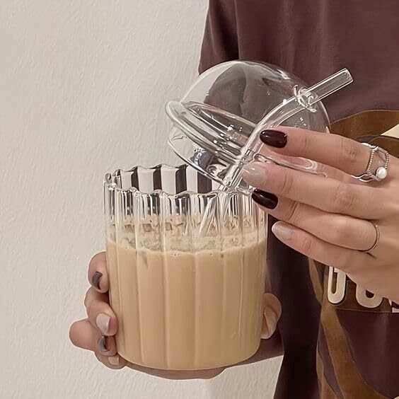 Cute Glass Tumbler with Dome Lid Straw 15oz Smoothie Iced Coffee Cup Glass Water/Juice Glass-image-29