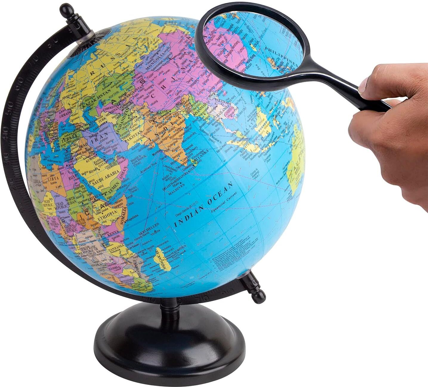 Educational 8 Inch Globe Black Metal with Magnifying Glass Desk & Table Top Political World Globe-image-11