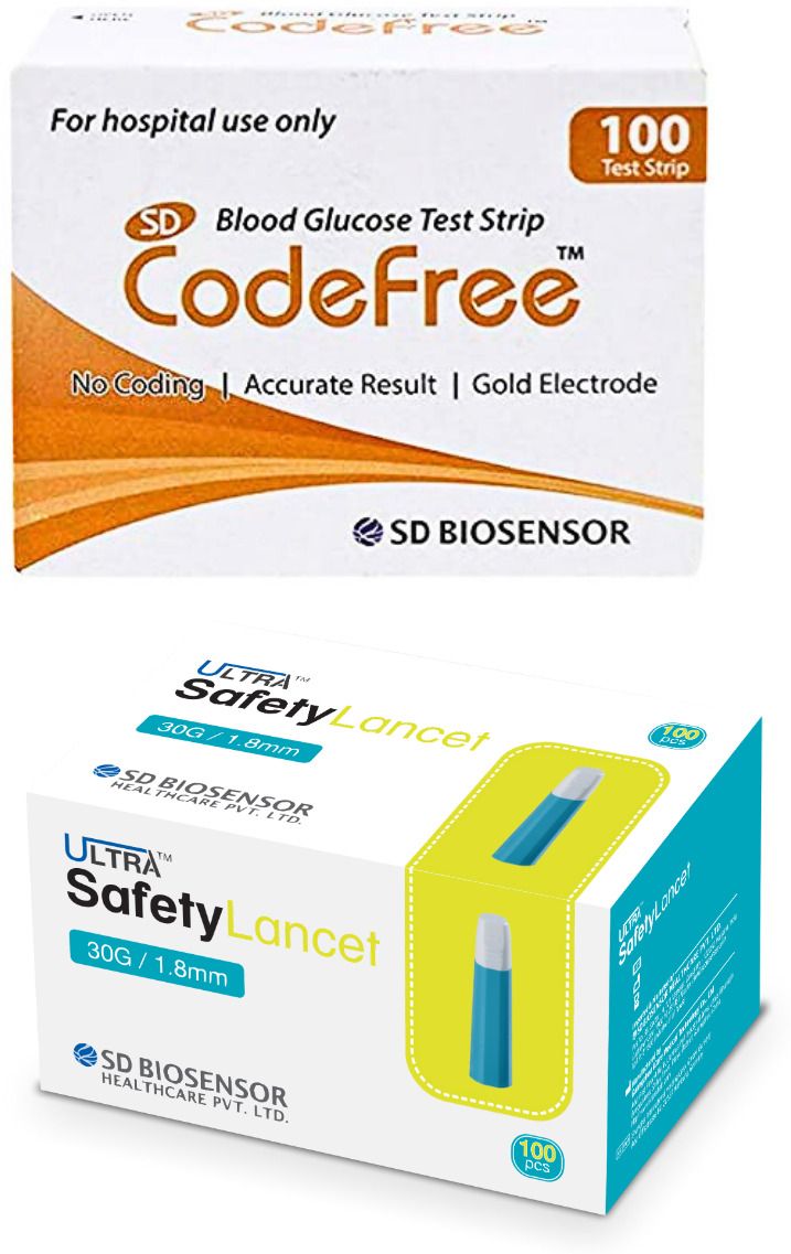 SD Codefree Blood Glucose Test Strips 100 & 100 SD Ultra Safety Lancets Needle - 100 Glucometer Strips-image-35