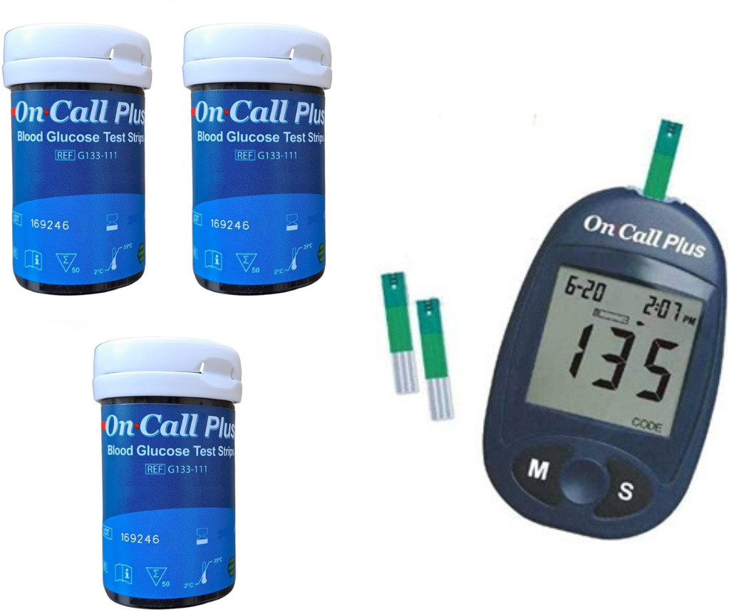 NSC ONCALL PLUS LONGEST EXPIRY 150 GLUCOMETER STRIPS WITH GLUCOMETER TESTING DEVICE- 150 Glucometer Strips image 1