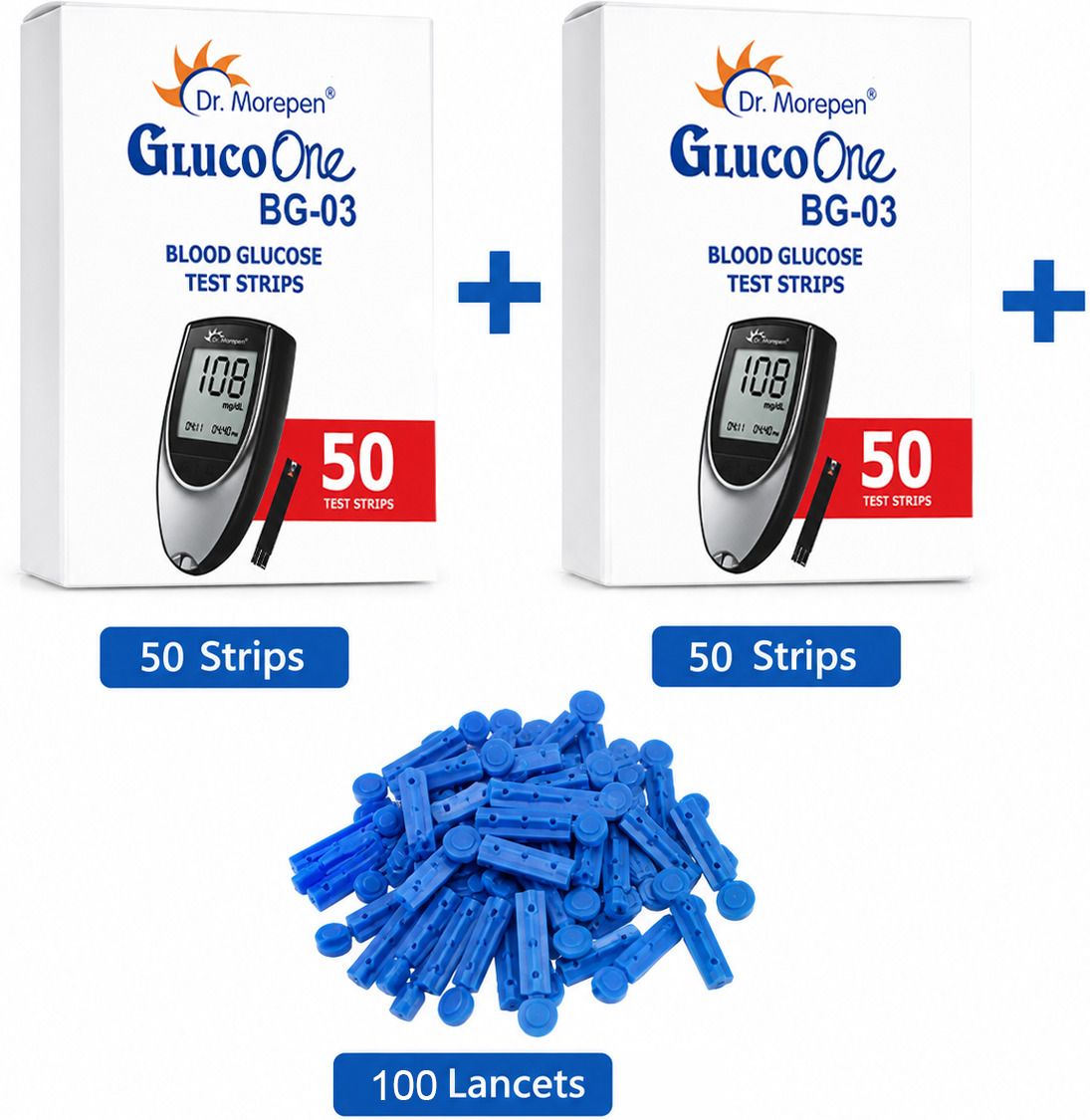 Dr. Morepen BG-03 Test Strips 50+50 + 100 Lancets Combo Pack for Diabetes Care 100 Glucometer Strips-image-42