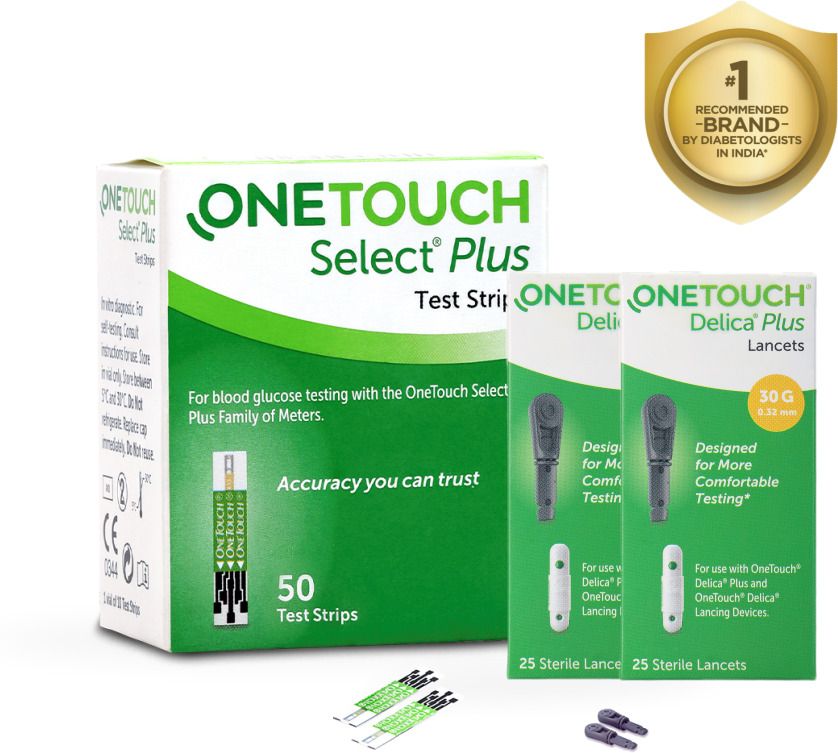 OneTouch Select Plus Test Strips 50 Pack + 2 * 25 Delica plus lancets 50 Glucometer Strips-image-1