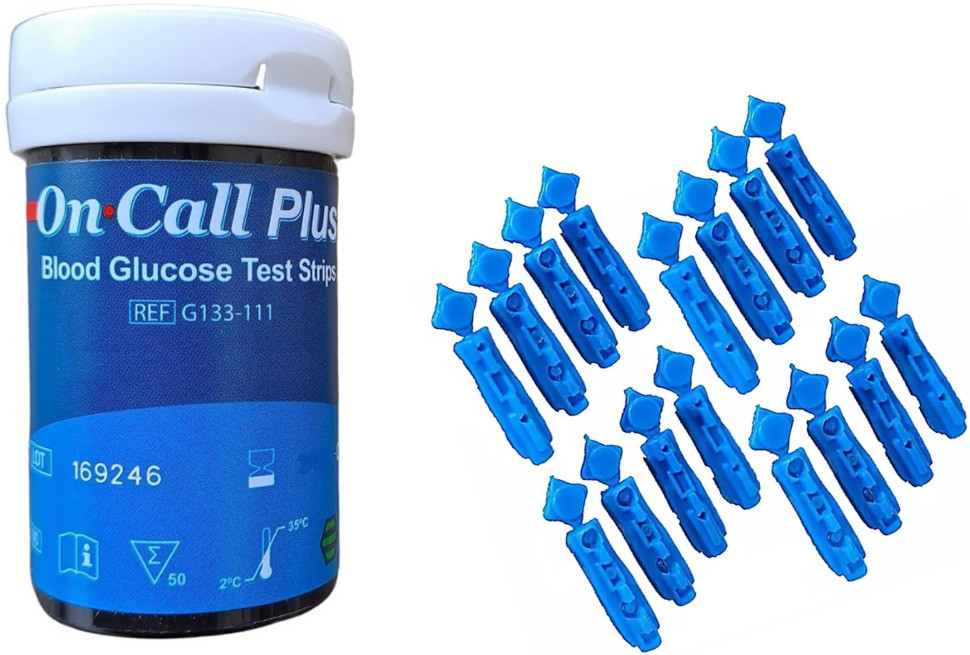 NSC On Call Plus 50 Strips With Naulakha Glucometer Lancets (100)- 50 Glucometer Strips image 1