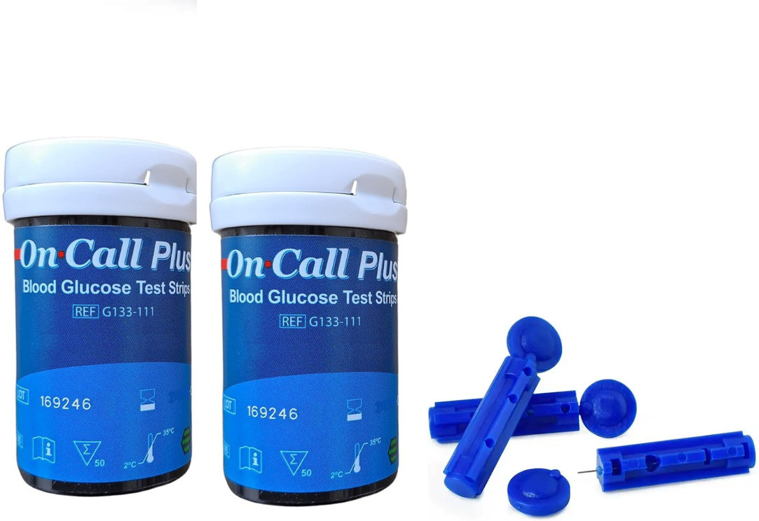 NSC ON CALL PLUS LONGEST EXPIRY 100 GLUCOMETER STRIPS WITH 50 LANCETS- 100 Glucometer Strips image 1