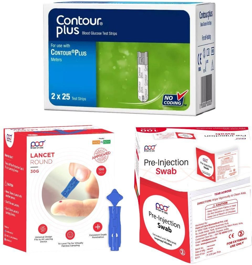 CONTOUR PLUS , Plus One and Elite Glucometer Strips + 100 Lancets + 100 Alcohol Swabs 100 Glucometer Strips image 1