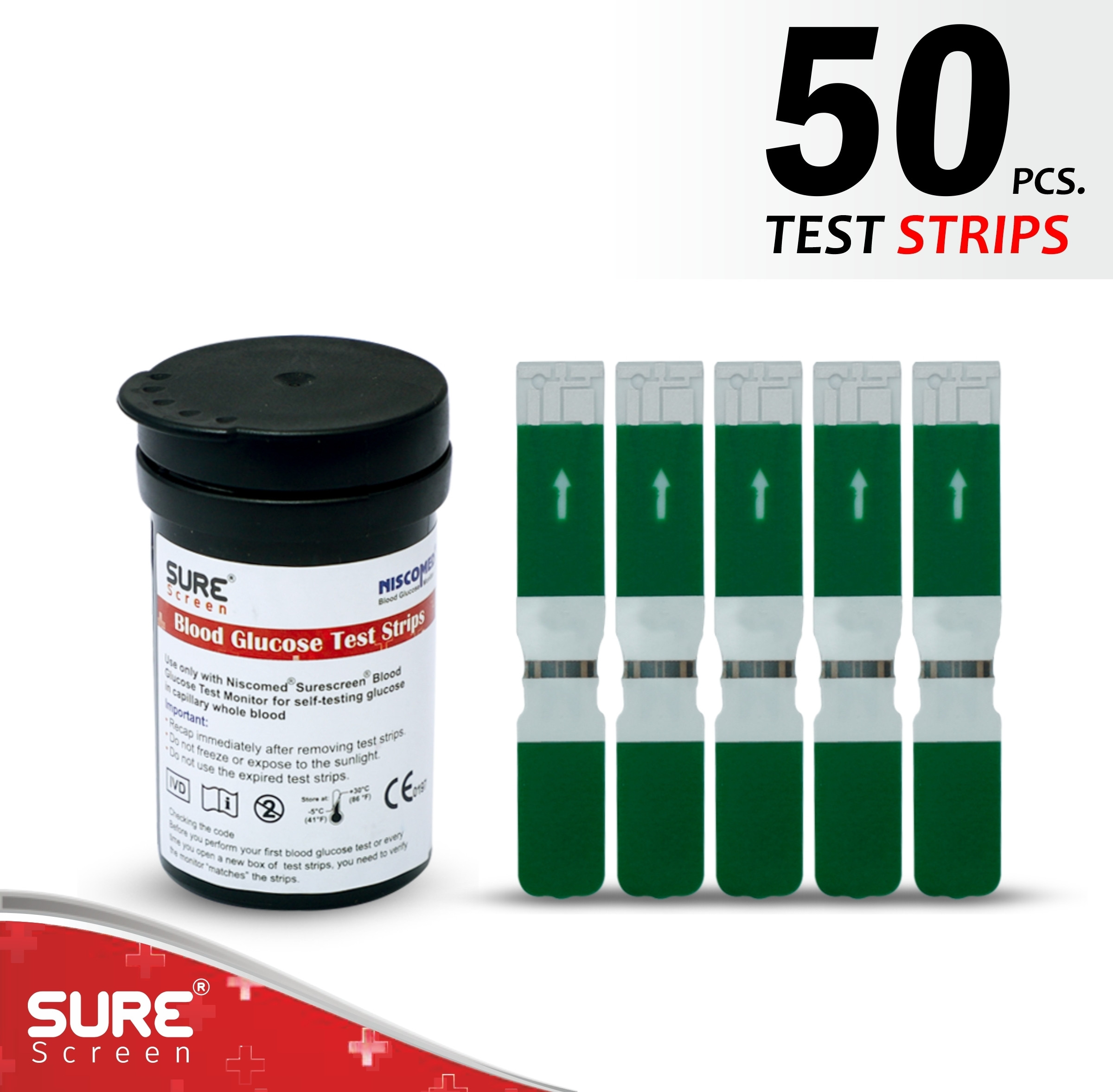 NISCOMED Sure screen Sugar Test Strips 25 | Accurate & Fast Results (Only Strips) | 50 Glucometer Strips image 1