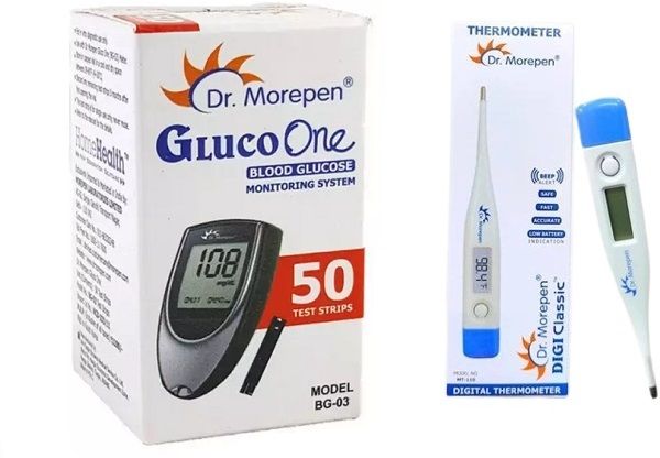 Dr. Morepen BG 03 Blood Glucose Test with Thermometer/ 50 Glucometer Strips-image-9
