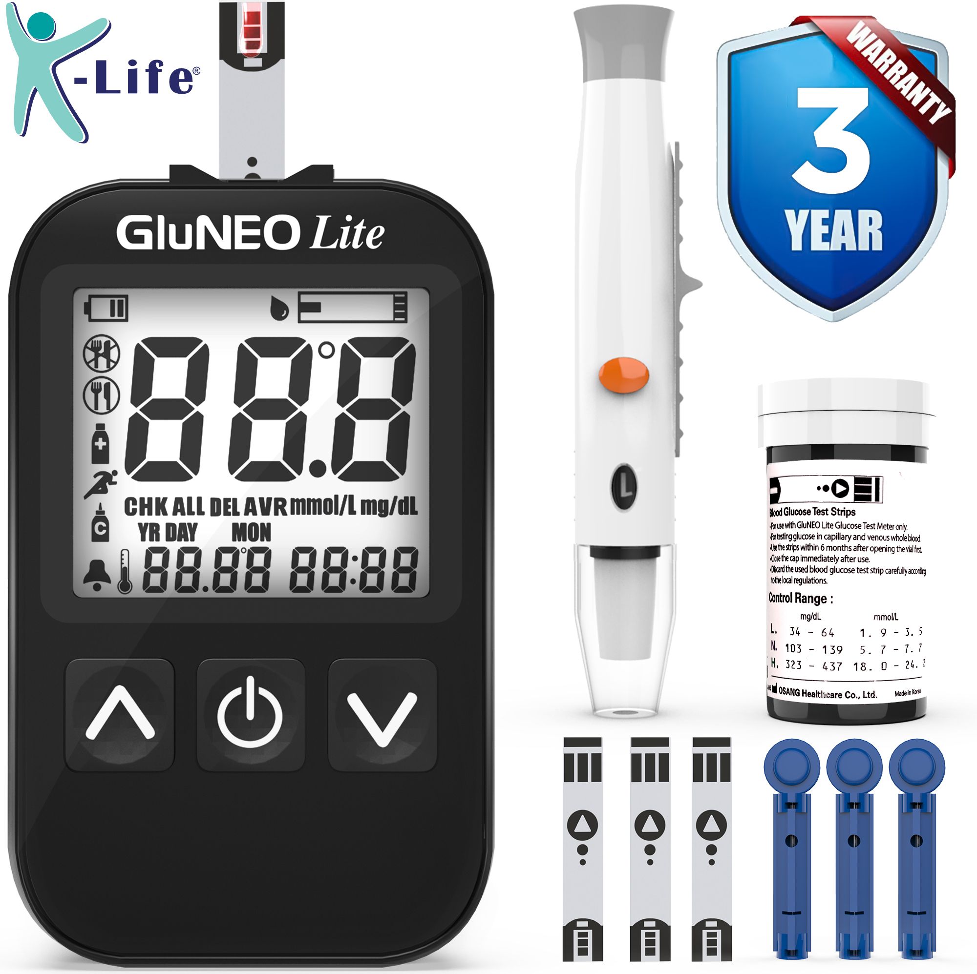 Gluneolite Fully Automatic Blood Glucose Check Sugar Testing Machine 25 Strips Glucometer