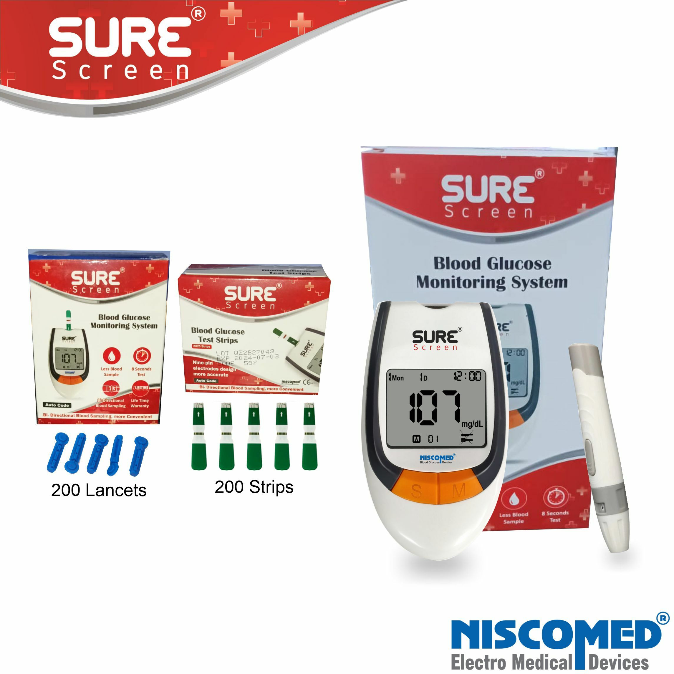 niscomed Sugar Testing Monitor With 200 Strips Glucometer image 1