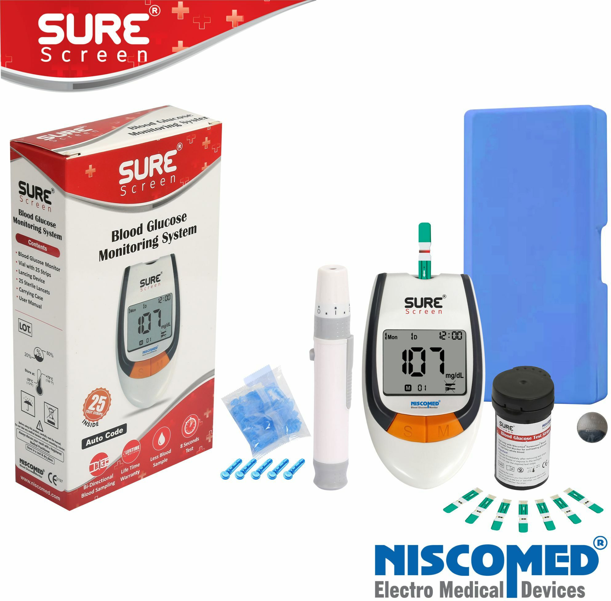sure screen Niscomed Glucose Blood Sugar Testing Monitor with 25 Strips Glucometer image 1