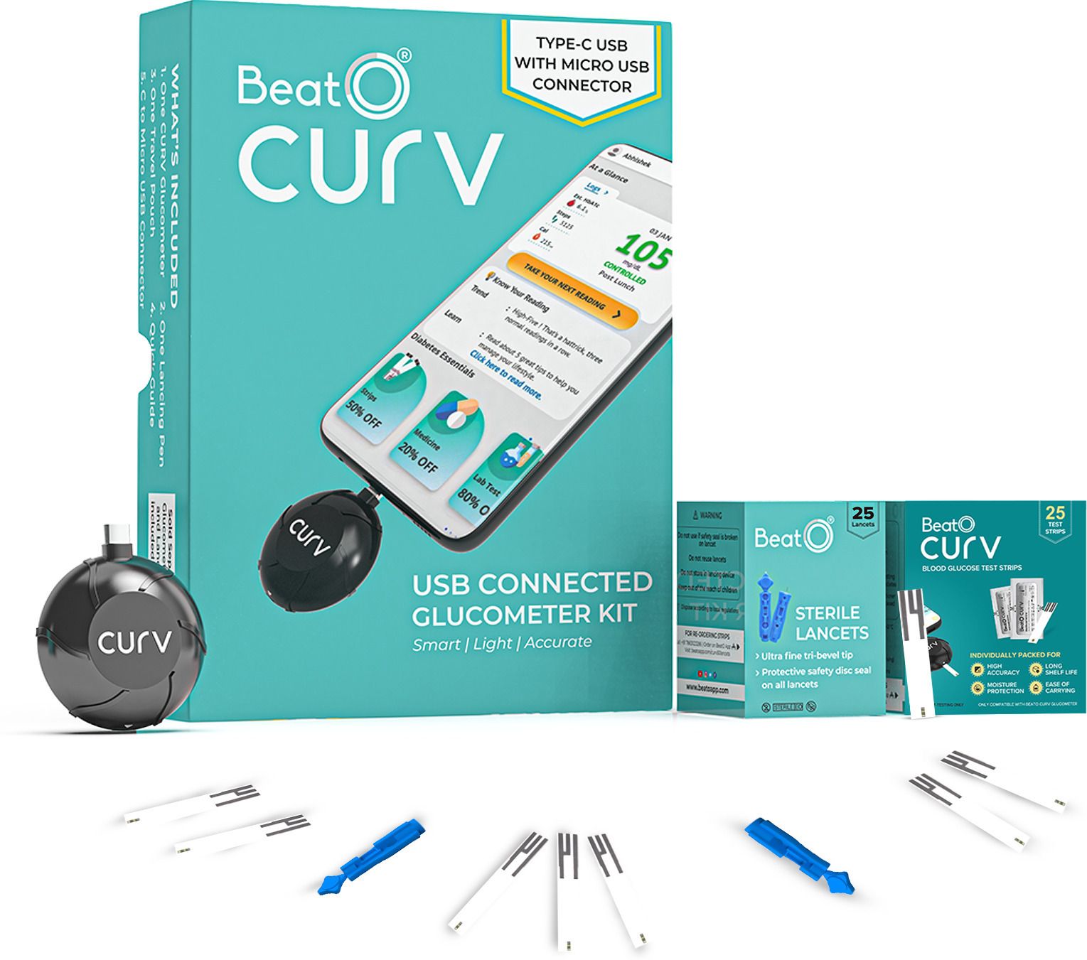 beato CURV Smartphone | Sugar Test Machine with 25 Foil Strips & 25 Lancets Glucometer-picture-10