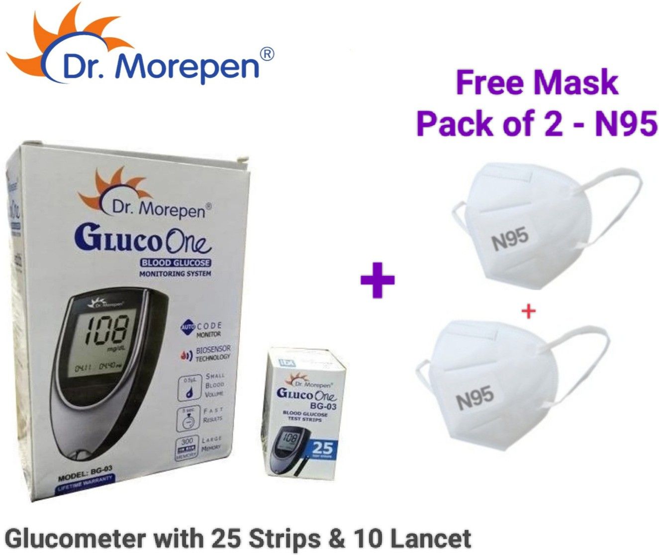 dr. morepen Glucometer with 25 Strips and 10 Lancet and Two N95 Mask Glucometer-picture-5