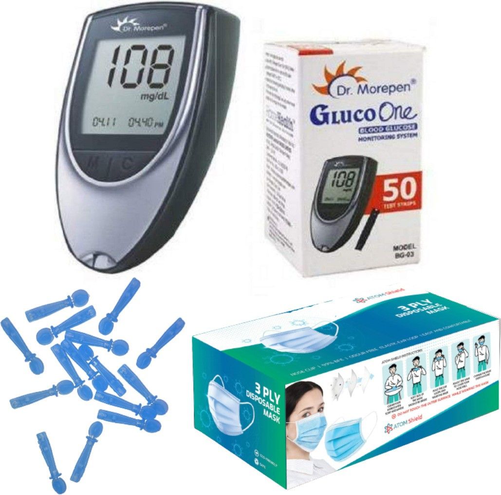 dr. morepen Glucometer with 200Strips, 200Accuvet Lancets, 50 Atomshield 3ply mask| Glucometer-picture-44