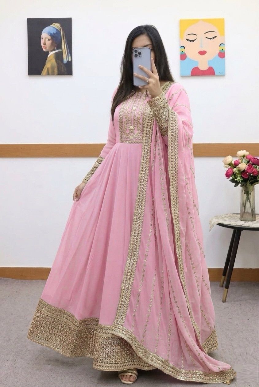 Embroidered, Embellished Georgette Stitched Anarkali Gown-image-31