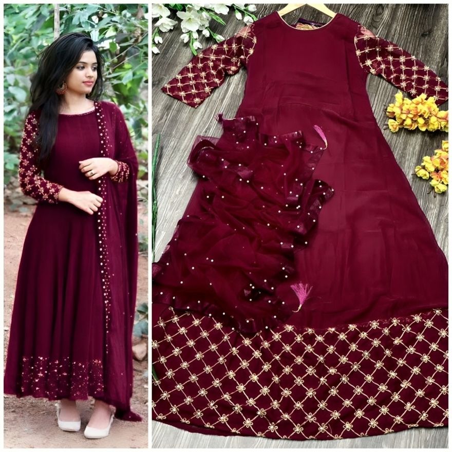 Embroidered Georgette Stitched Flared/A-line Gown