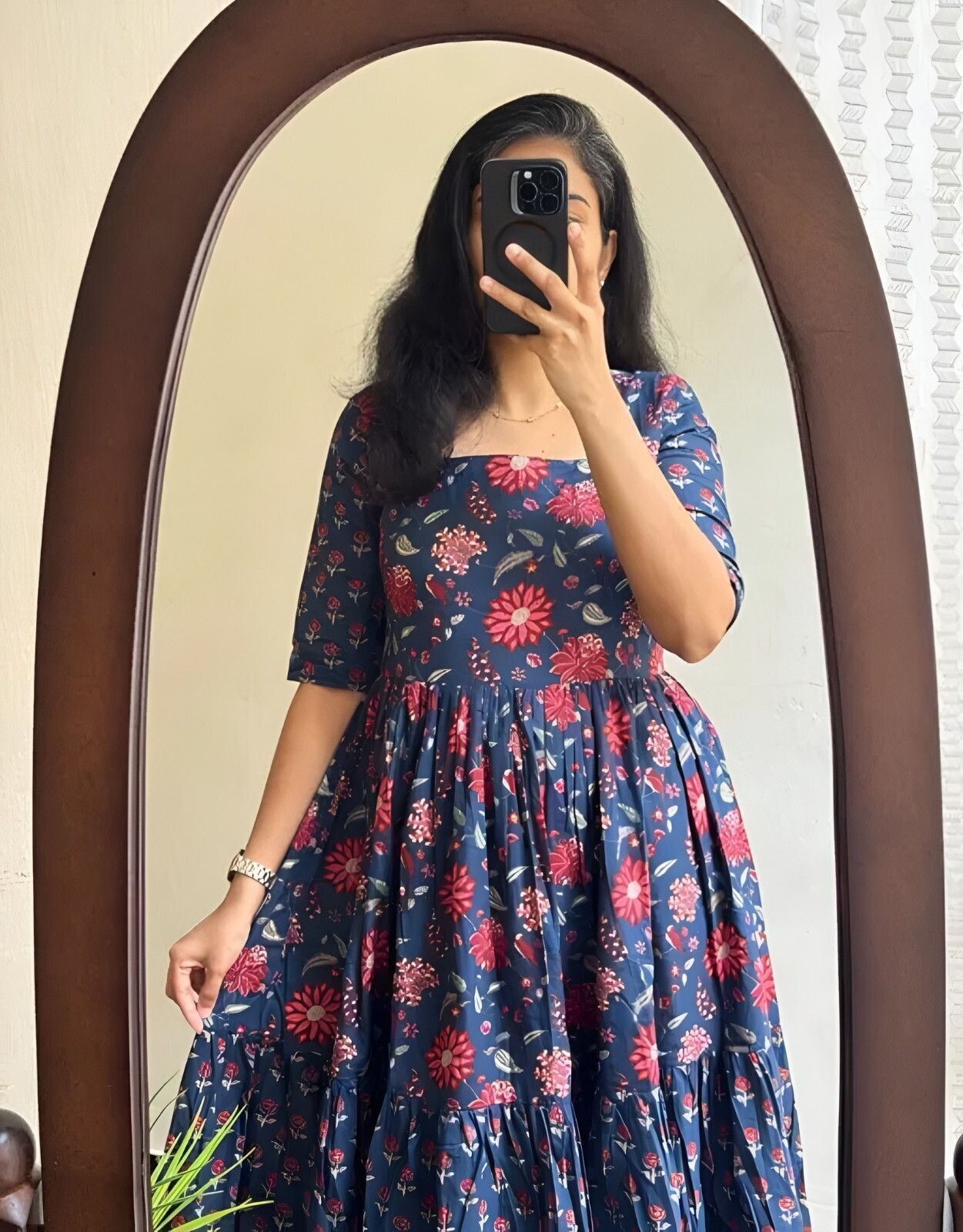Women Fit and Flare Dark Blue, Red Midi/Calf Length Dress-image-48