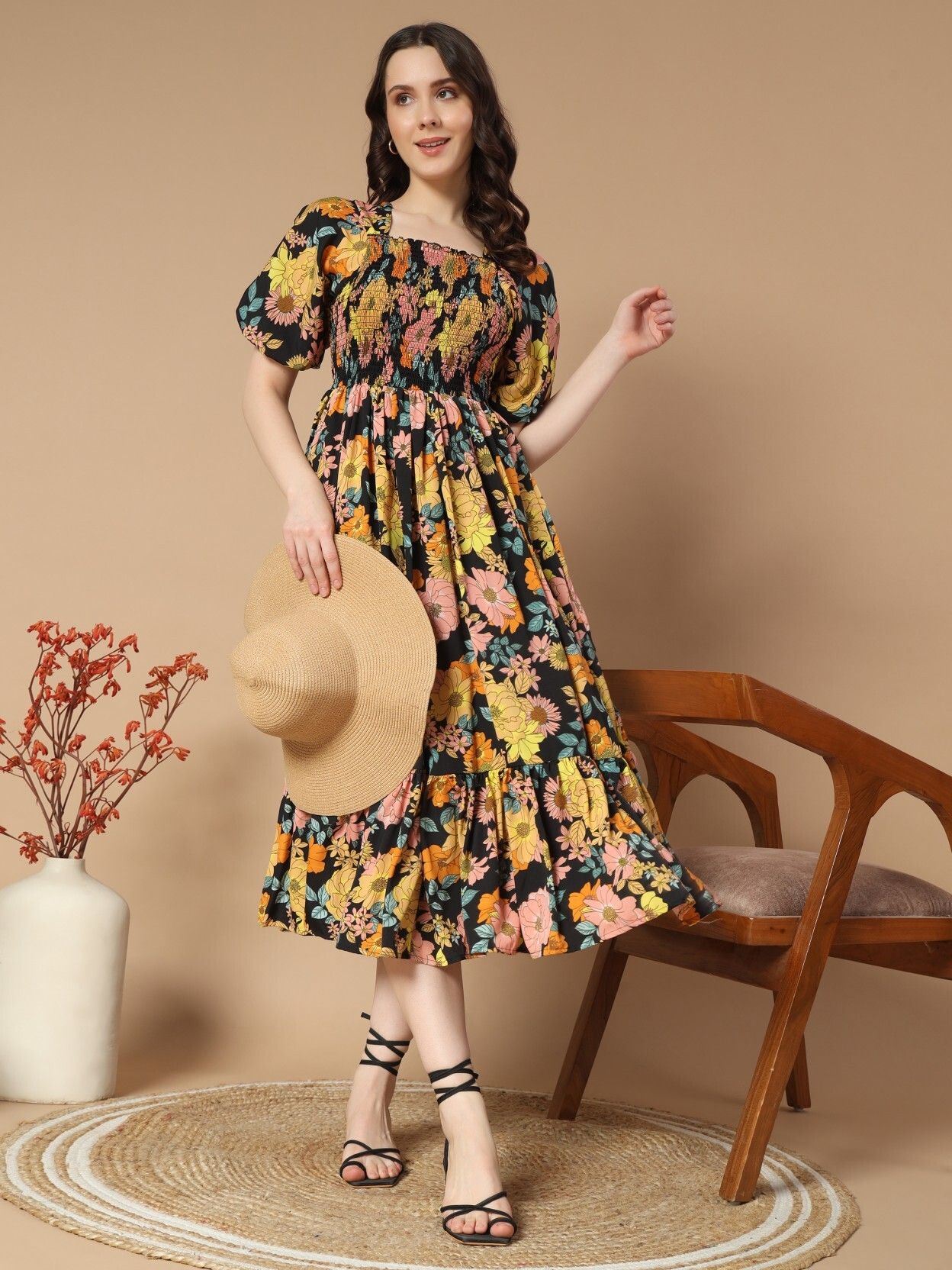 Women Fit and Flare Multicolor Midi/Calf Length Dress