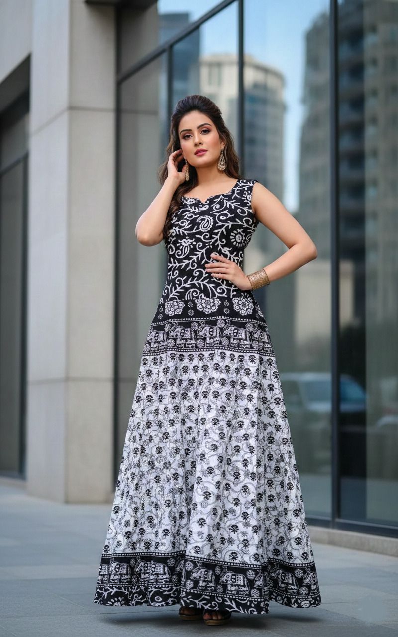 anunja Printed, Floral Print, Abstract Cotton Blend Stitched Flared/A-line Gown-picture-10