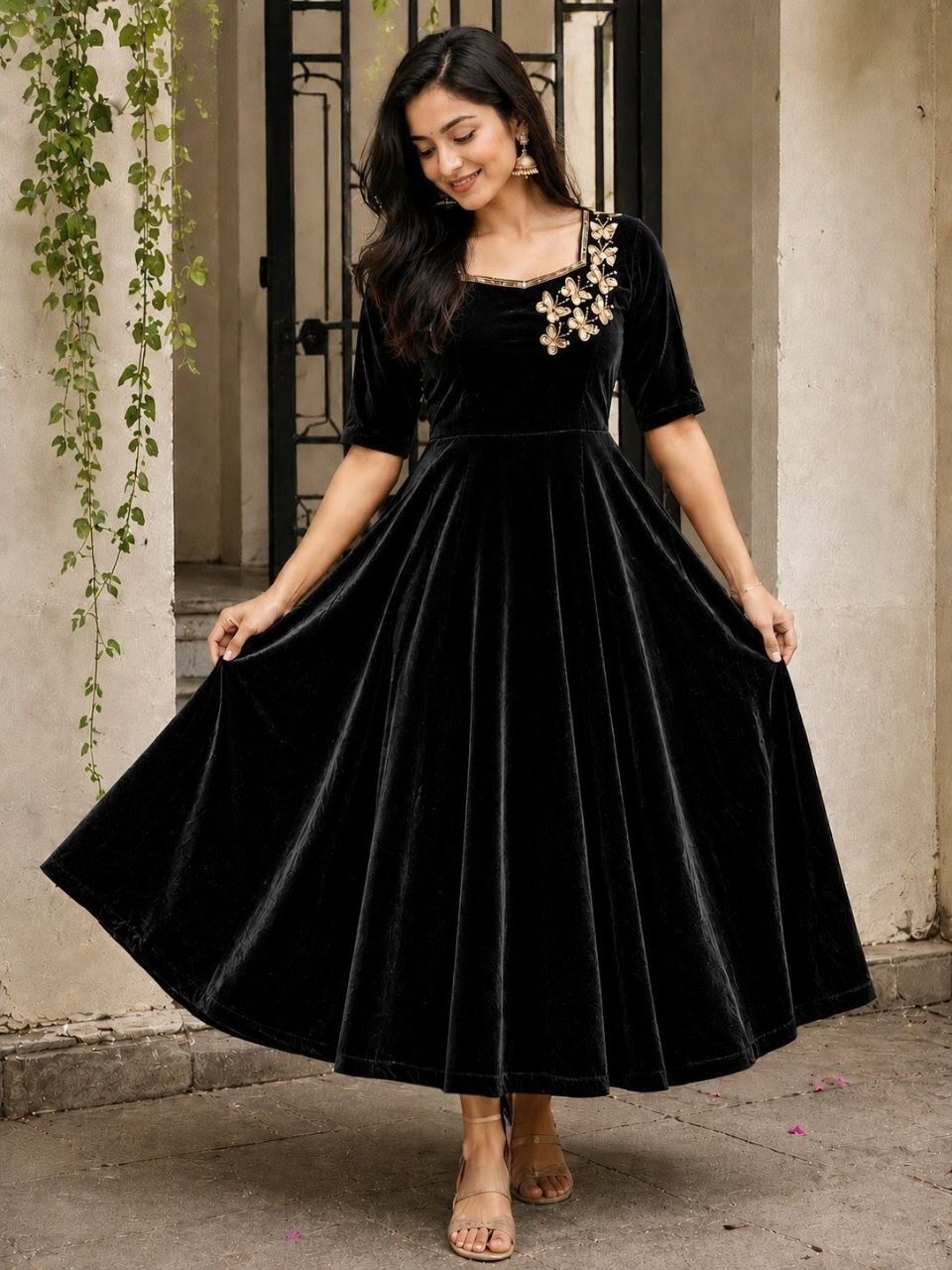 lukhidax Embroidered, Solid Velvet Stitched Anarkali Gown-picture-27