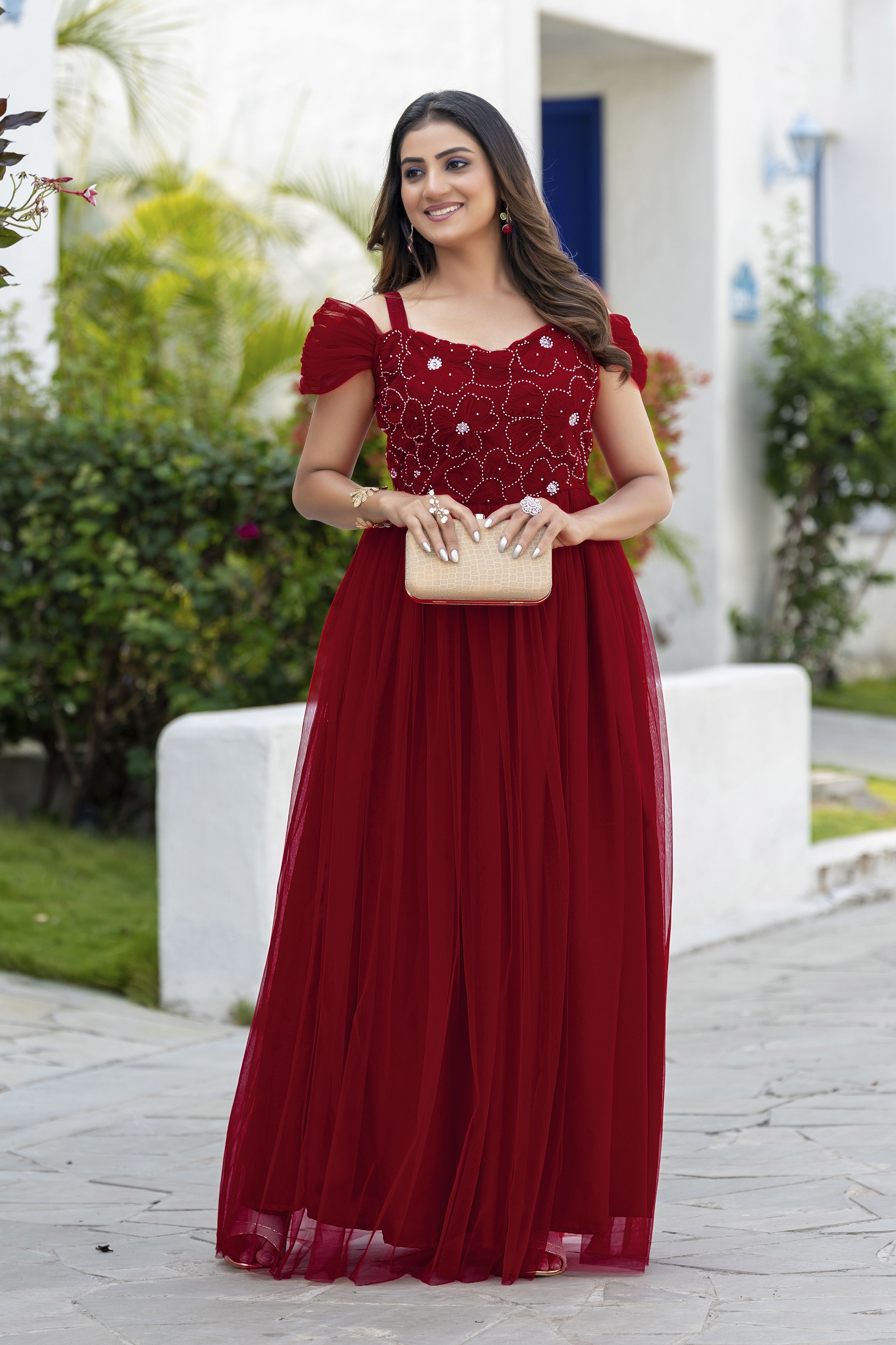 Embellished Velvet, Net Stitched Flared/A-line Gown