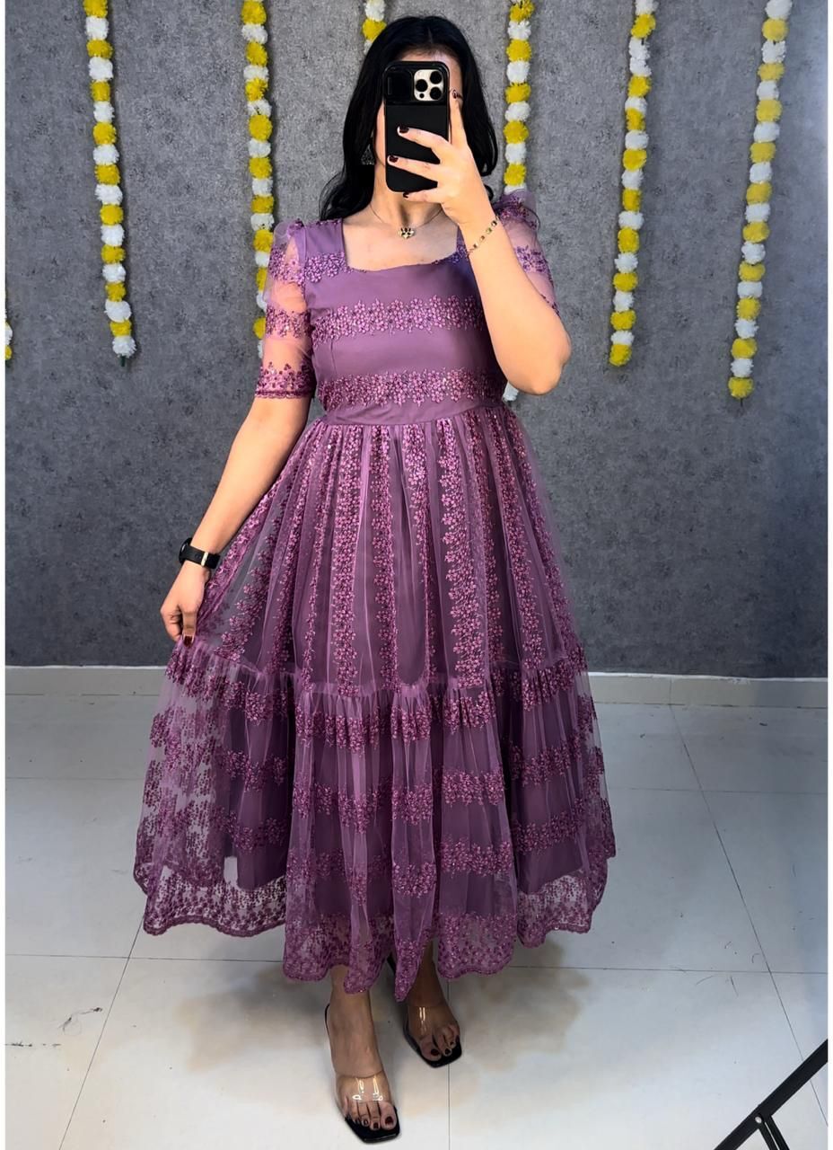shree akhand Embroidered, Embellished, Solid Net Stitched Anarkali Gown-picture-13