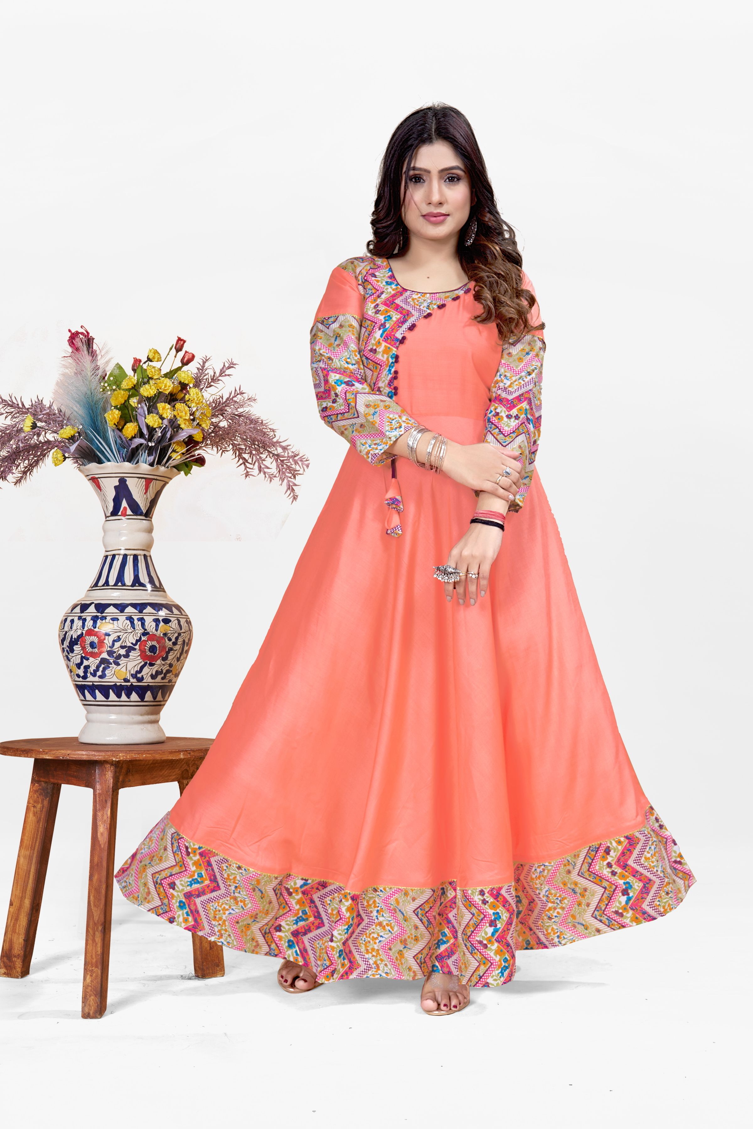 ashima designer Printed, Geometric Print, Colorblock Viscose Rayon Stitched Anarkali Gown-picture-24
