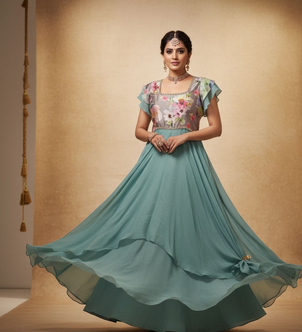 nidhi creations Floral Print Georgette Stitched Flared/A-line Gown-picture-35