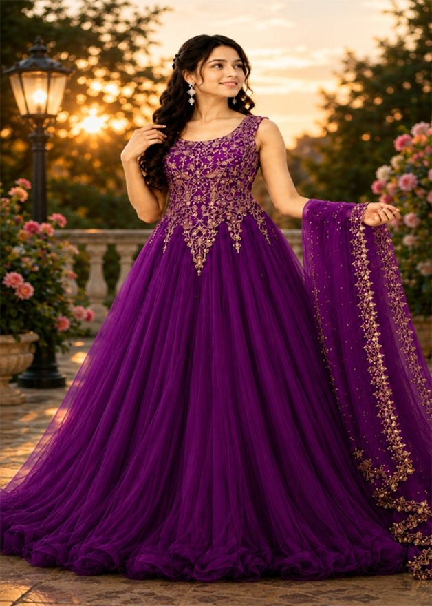Embroidered, Embellished Net Stitched Anarkali Gown-image-43