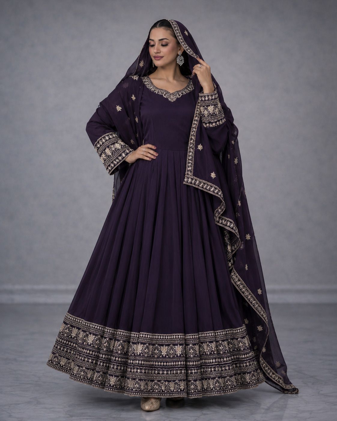 Embroidered, Embellished, Solid Georgette Stitched Anarkali Gown-image-38