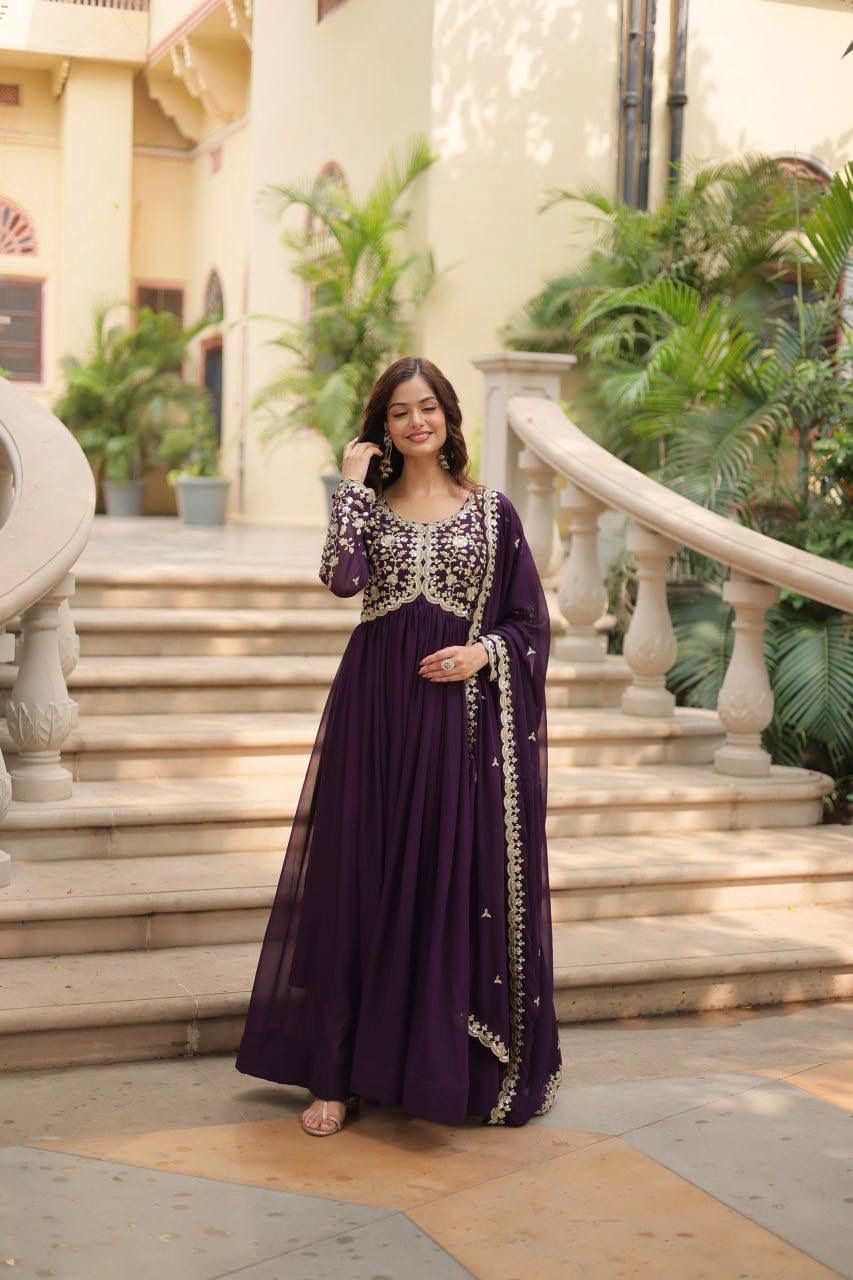 khodal creation Embroidered Georgette Stitched Flared/A-line Gown-picture-16
