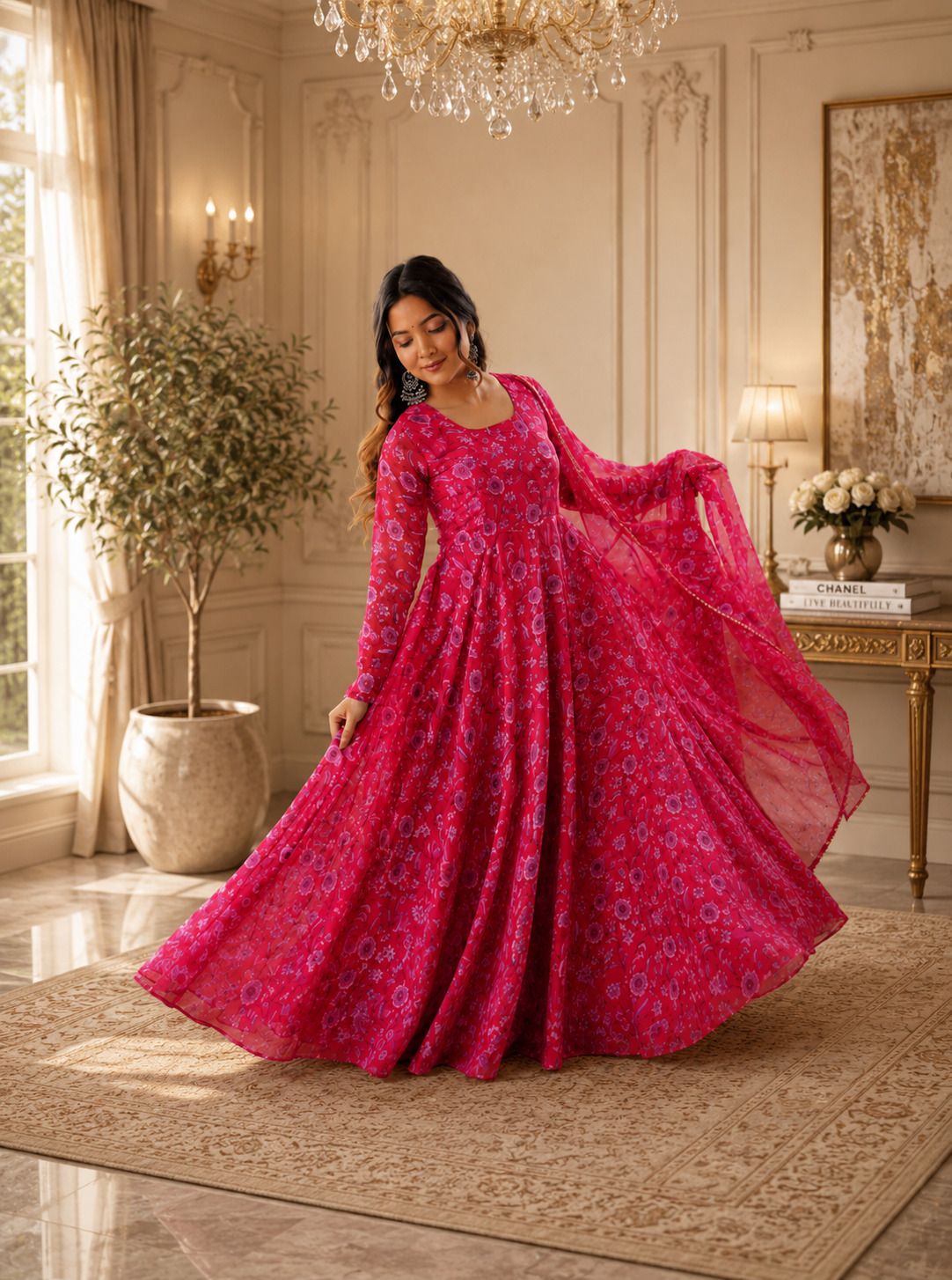 rk aura Printed, Floral Print Georgette Stitched Anarkali Gown-picture-2
