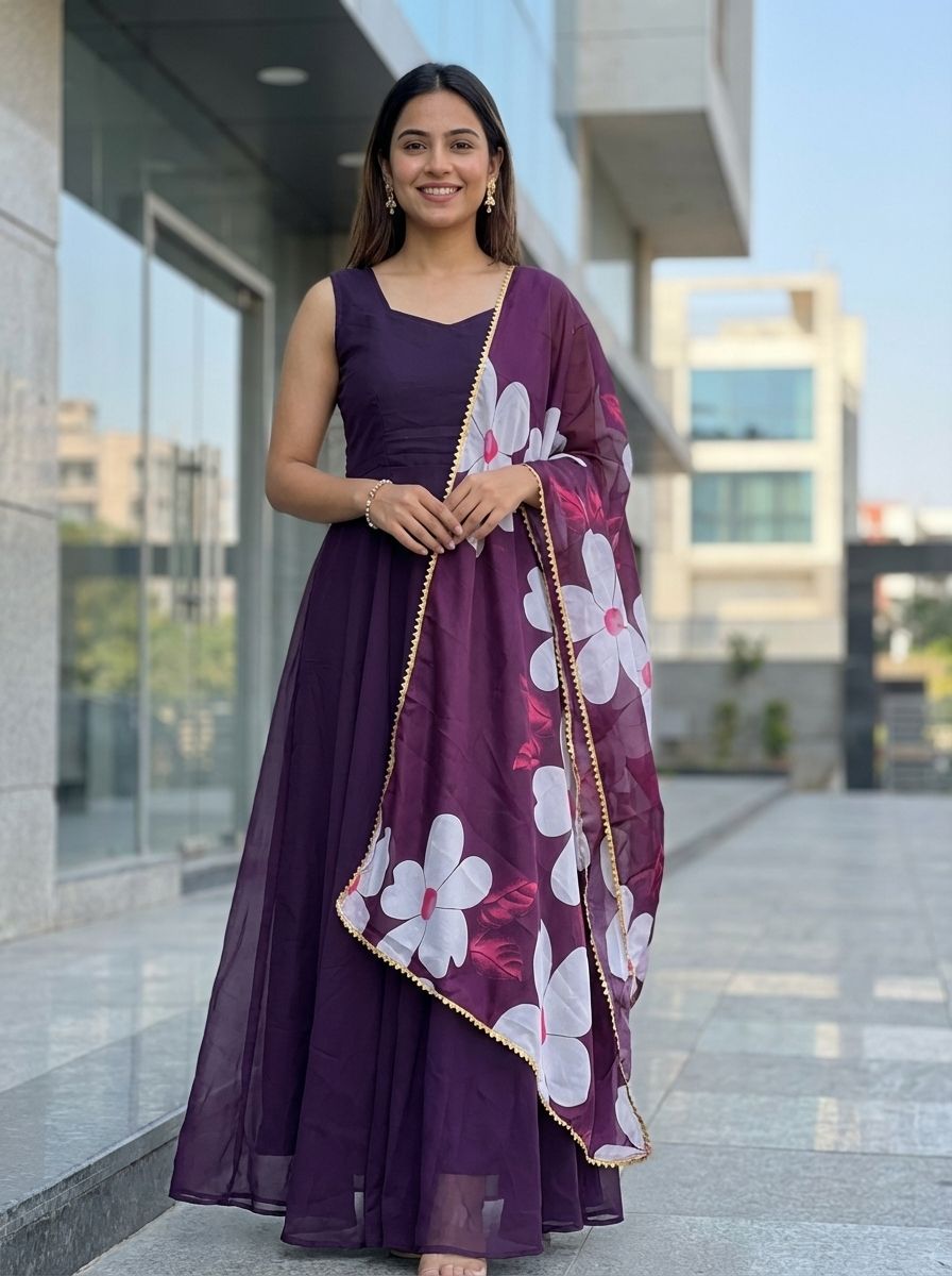 Printed, Floral Print Georgette Stitched Flared/A-line Gown