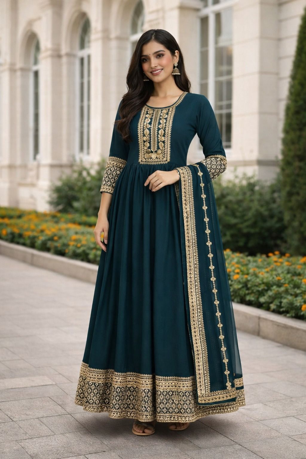 sahajanand enterprise Solid, Embroidered, Embellished Georgette Stitched Anarkali Gown-picture-26