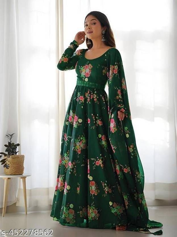 Printed, Embellished, Solid, Paisley, Floral Print, Woven, Embellished Georgette Stitched Anarkali Gown-image-2