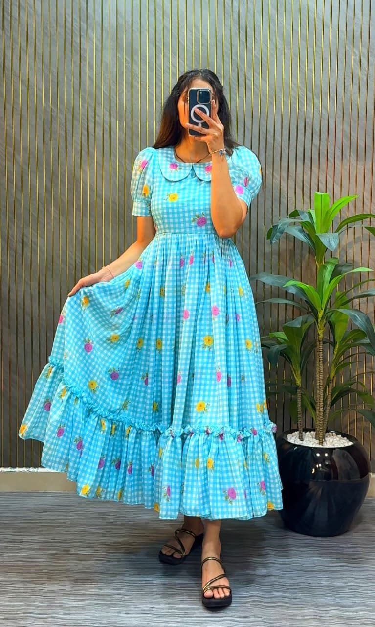 thenandi Checkered, Floral Print Chanderi Stitched Flared/A-line Gown-picture-23