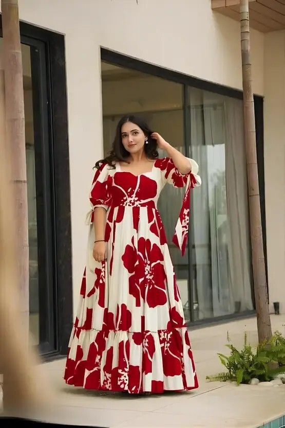Floral Print Rayon Blend Stitched Flared/A-line Gown-image-44